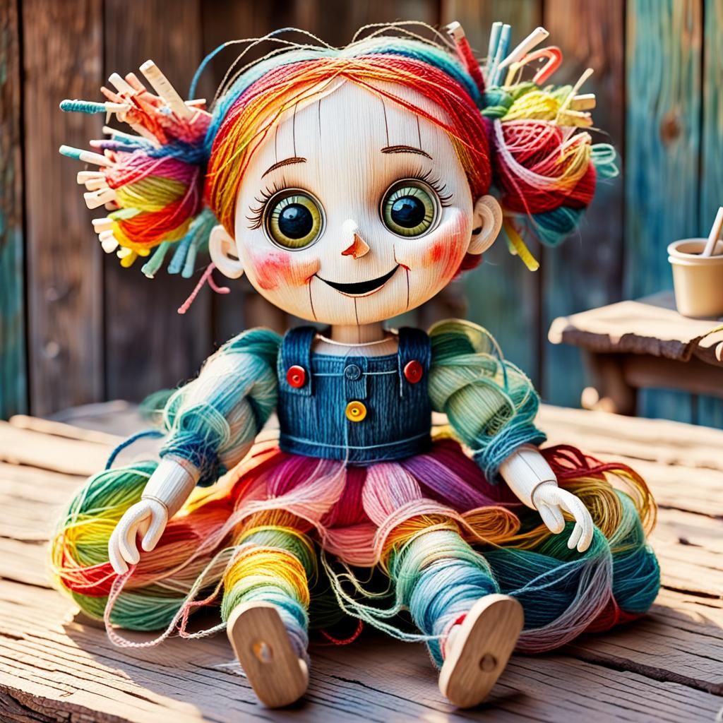Cheerful String Doll on Wooden Table: Watercolor Art