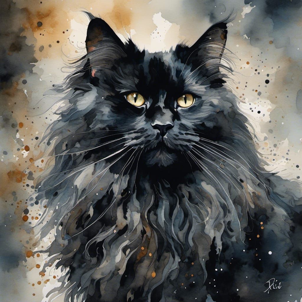 Watercolor Portrait of a Black Forest Cat