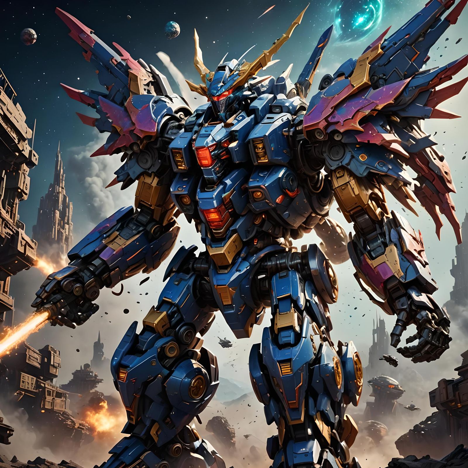 Epic Mecha Dragon Fight in Space, Detailed Matte Painting