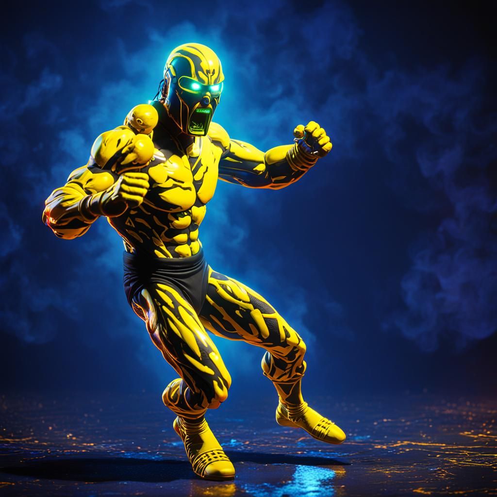 Glowing solid yellow dark 3D magma solid yellow ultimate warrior wwf wrestler running ,glowing plasma under black li...