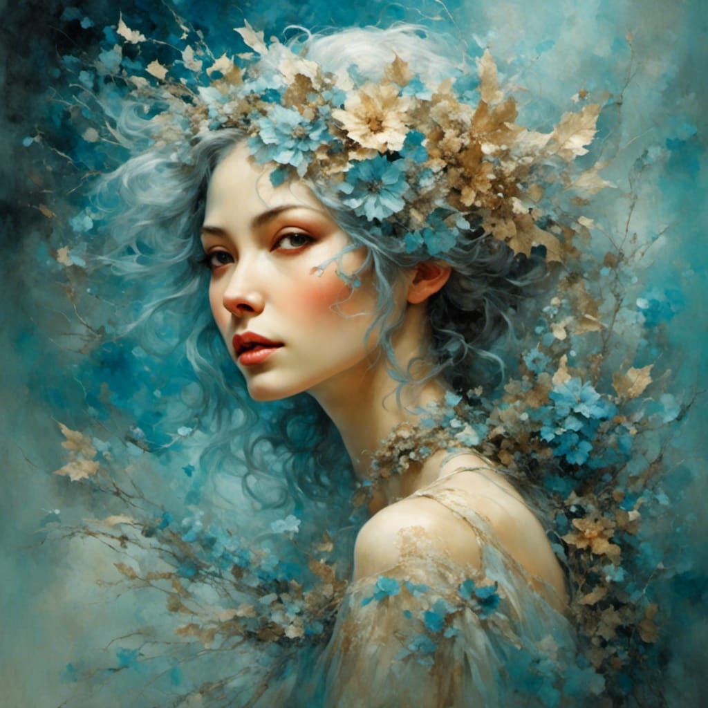 Woman Dances with Snowflakes in Wintery Blue