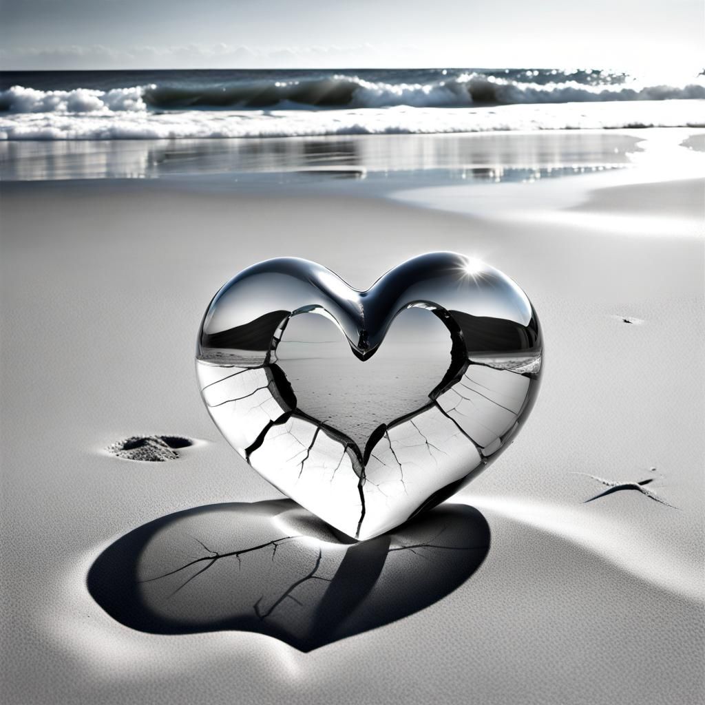Cracked Glass Heart Washed Ashore: Hyperrealistic Photo