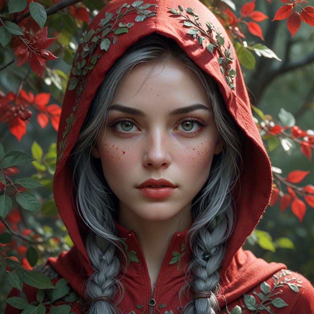 Ethereal Woman in Red Hood with Foliage