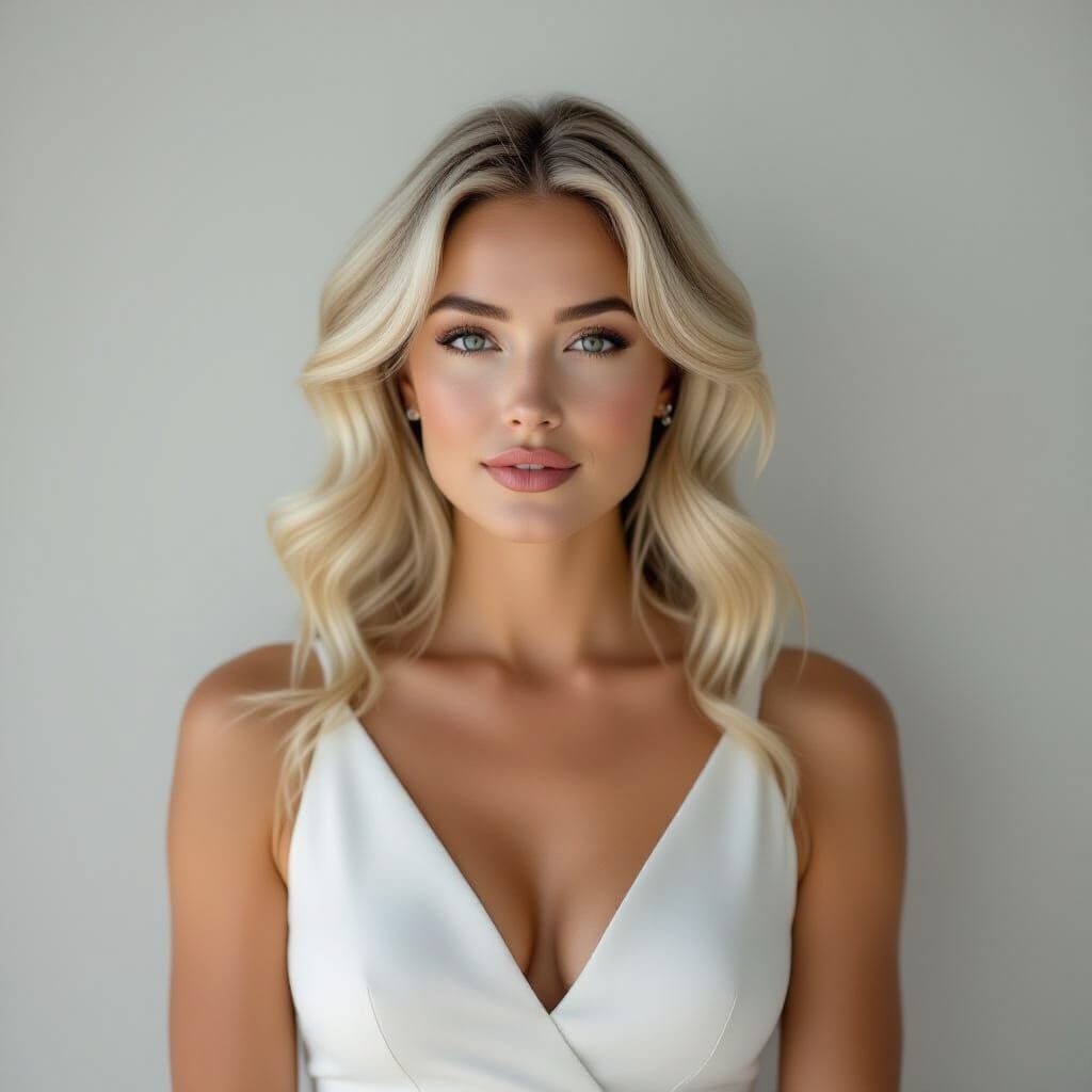 Elegant Curvy Woman in White: Photorealistic Studio Portrait