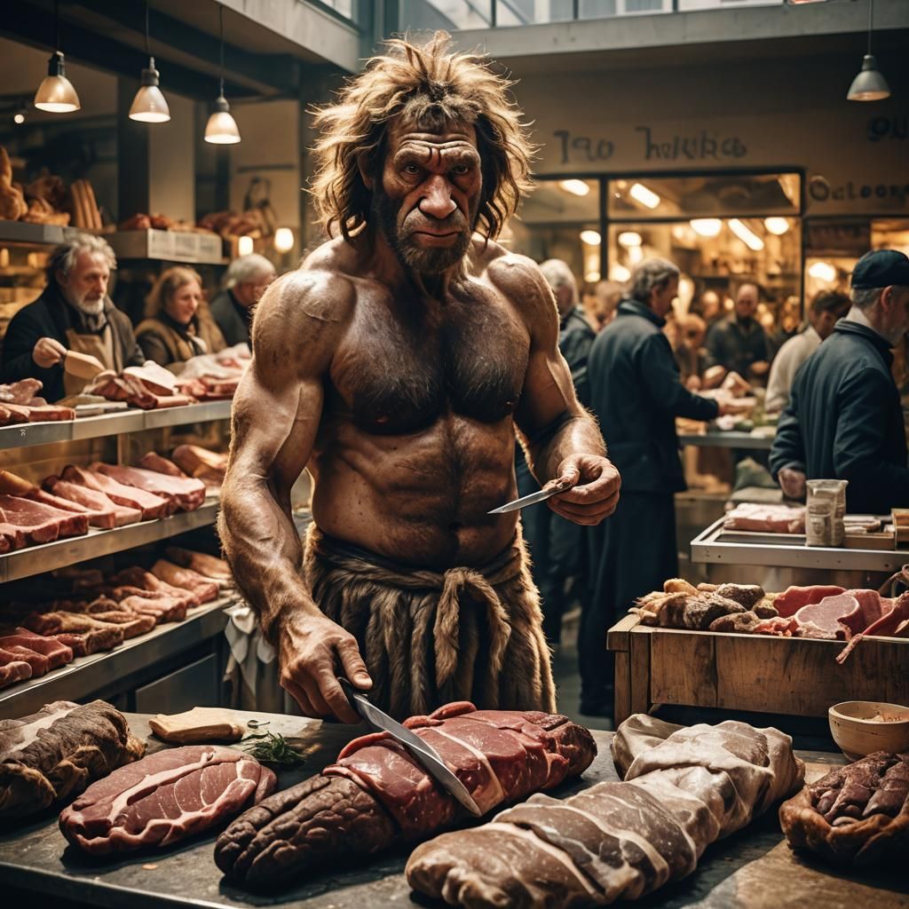 Neanderthal in Berlin Butcher Shop with Bokeh