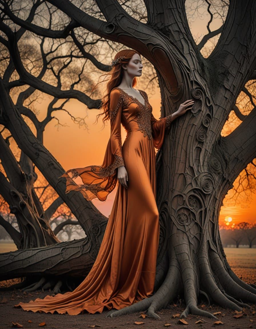 Ethereal Autumn Woman at Sunset in Art Nouveau Style