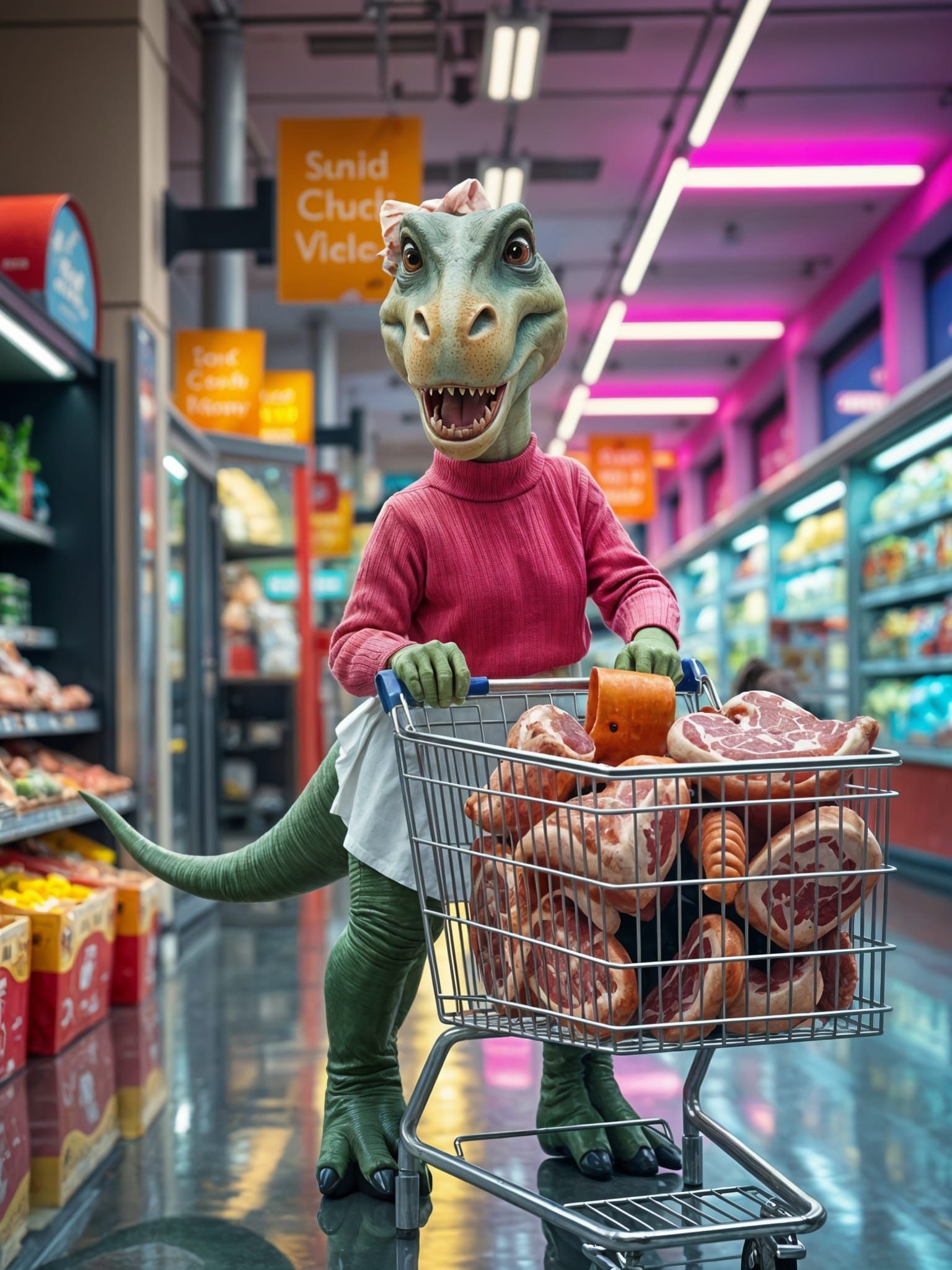 Cute Hyperrealistic Dinosaur Girl Shops for Meat