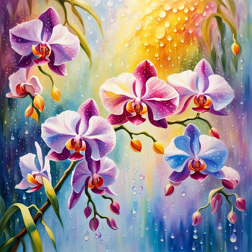 Orchid  flowers in the tree glazed by dew drops