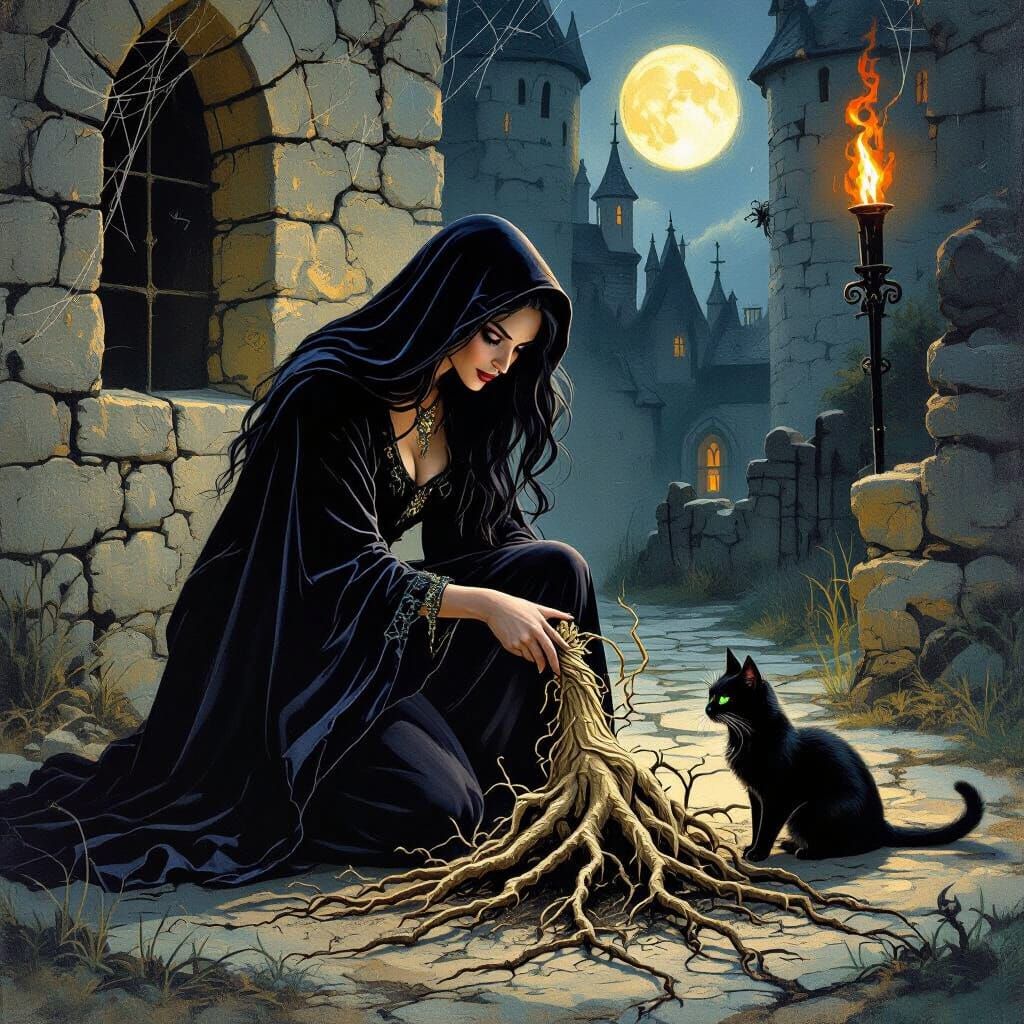 Witch and Familiar with Mandrake Root in Moonlit Castle Yard