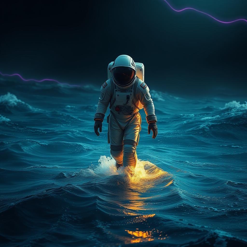 Ethereal Astronaut Walks on Dark Ocean Surface