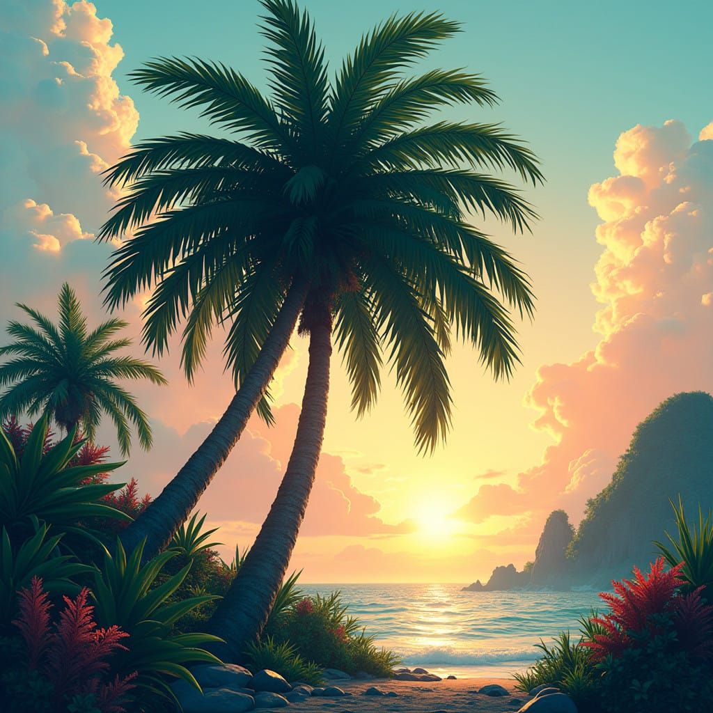 Majestic Tropical Palm Tree in Whimsical Fantasy World