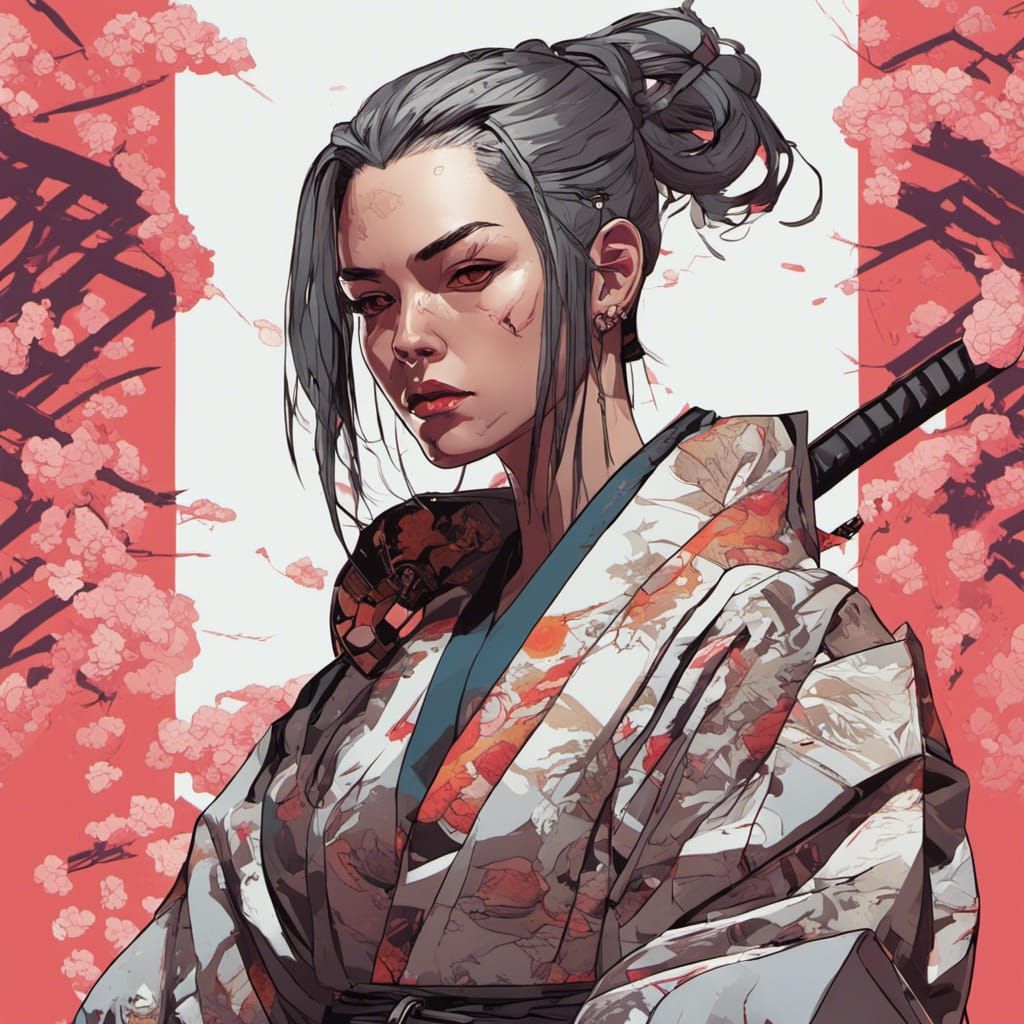 Cyberpunk Samurai Portrait in Futuristic Kimono
