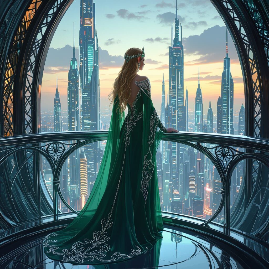 Elven Queen Overlooking Futuristic City in Art Nouveau Style
