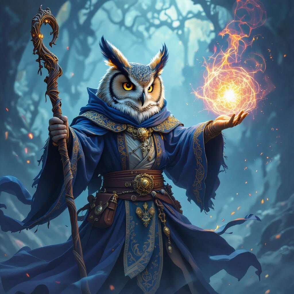Owl Wizard Casting a Spell in Matte Painting Style