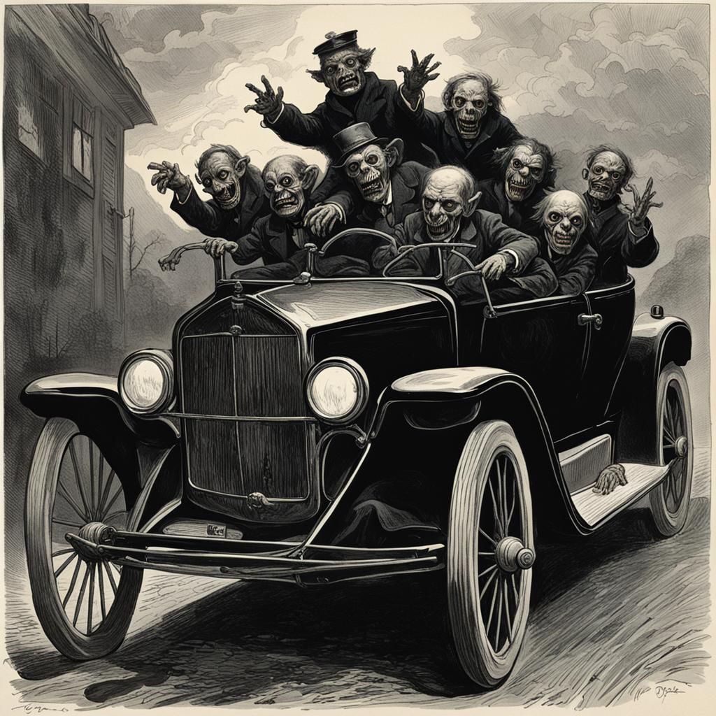 Eerie Puppets in Black Car: Gothic Horror Art