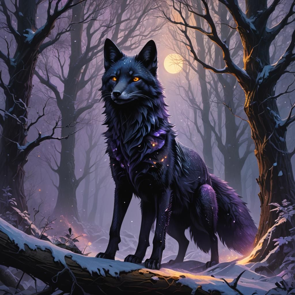 Mystical Black Fox in Gothic Forest, Art Nouveau