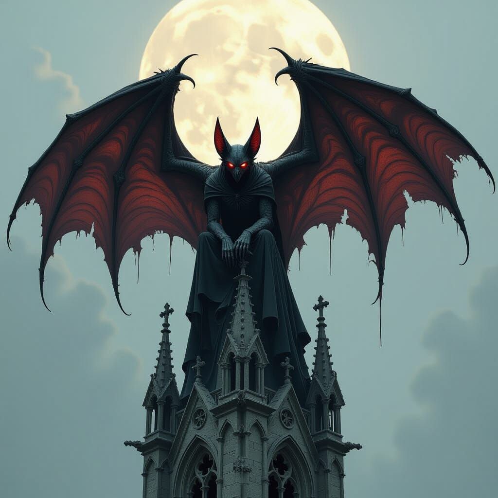 Vampiric Bat-Demon Perched Atop Crumbling Cathedral