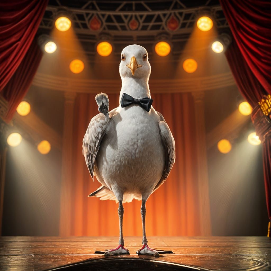 Confident Seagull in Tuxedo on Vintage Stage
