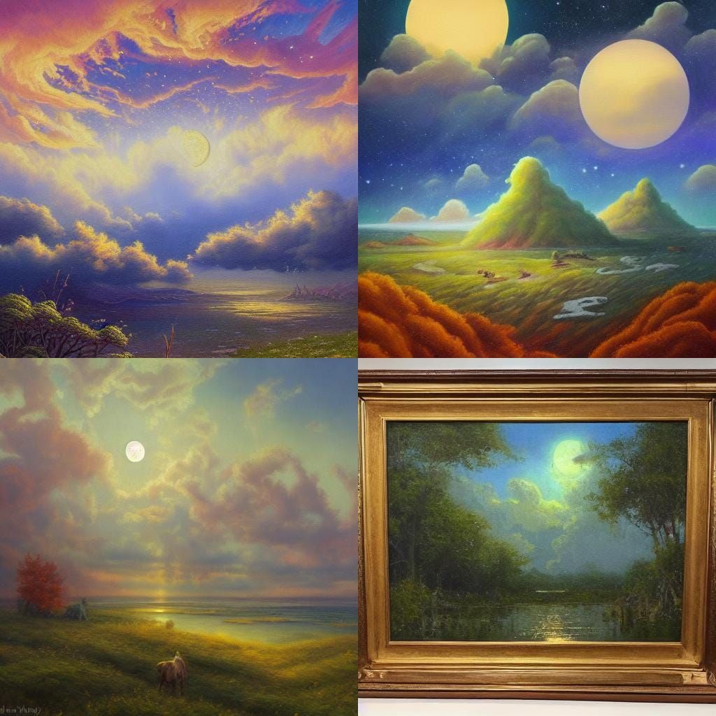Dream Realm Landscape with Flying Moon, Oil Painting