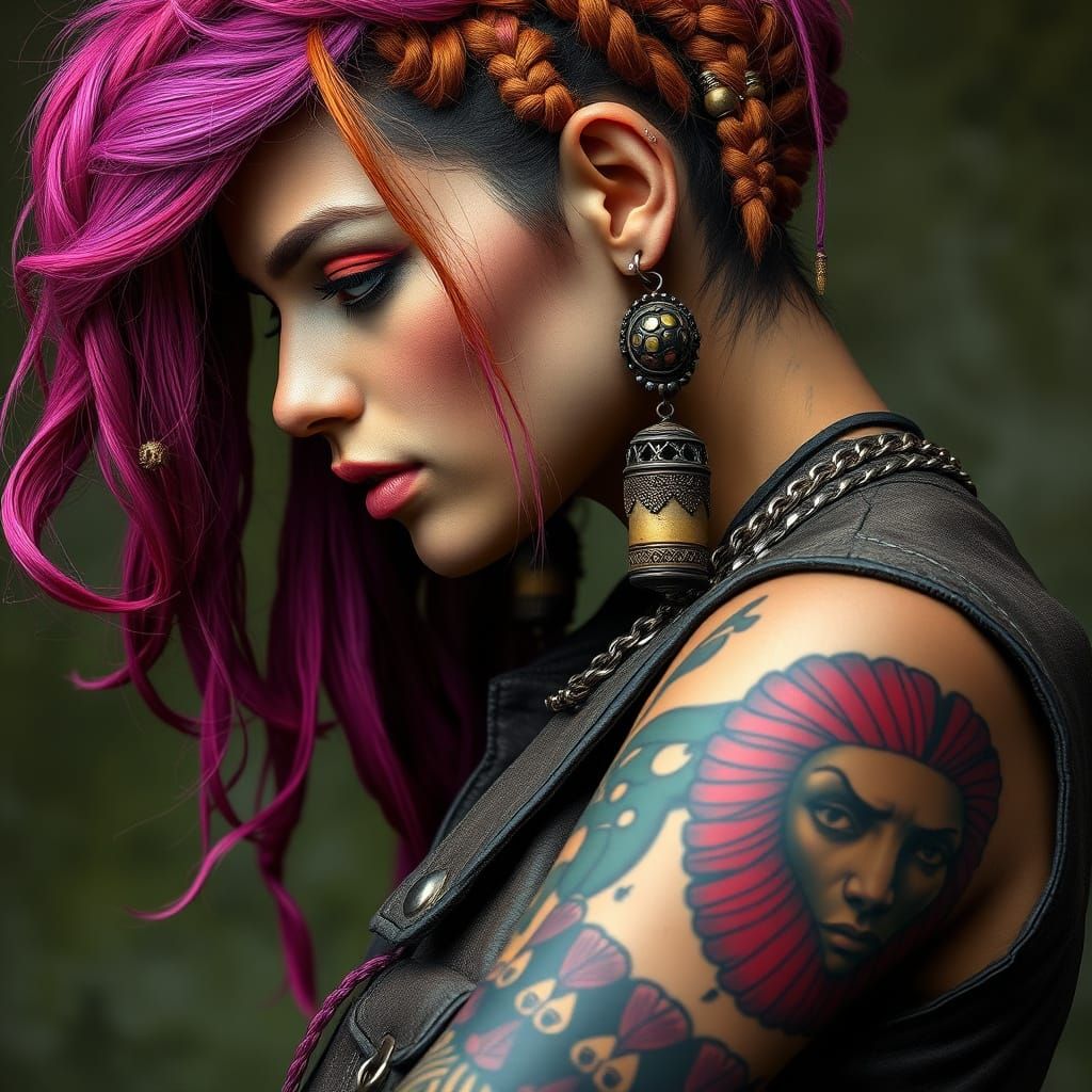 Vibrant Woman in Braided Hair with Intricate Tattoos