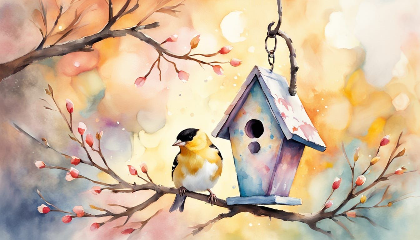 Goldfinch on Twig: Watercolor Folk Art