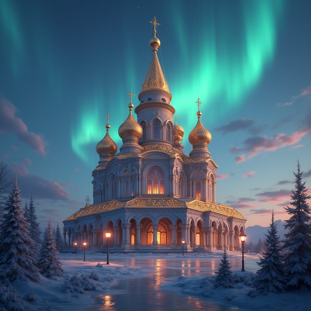 OmskLinguo Logo: Golden Domed Church in Vibrant Aurora Borea...