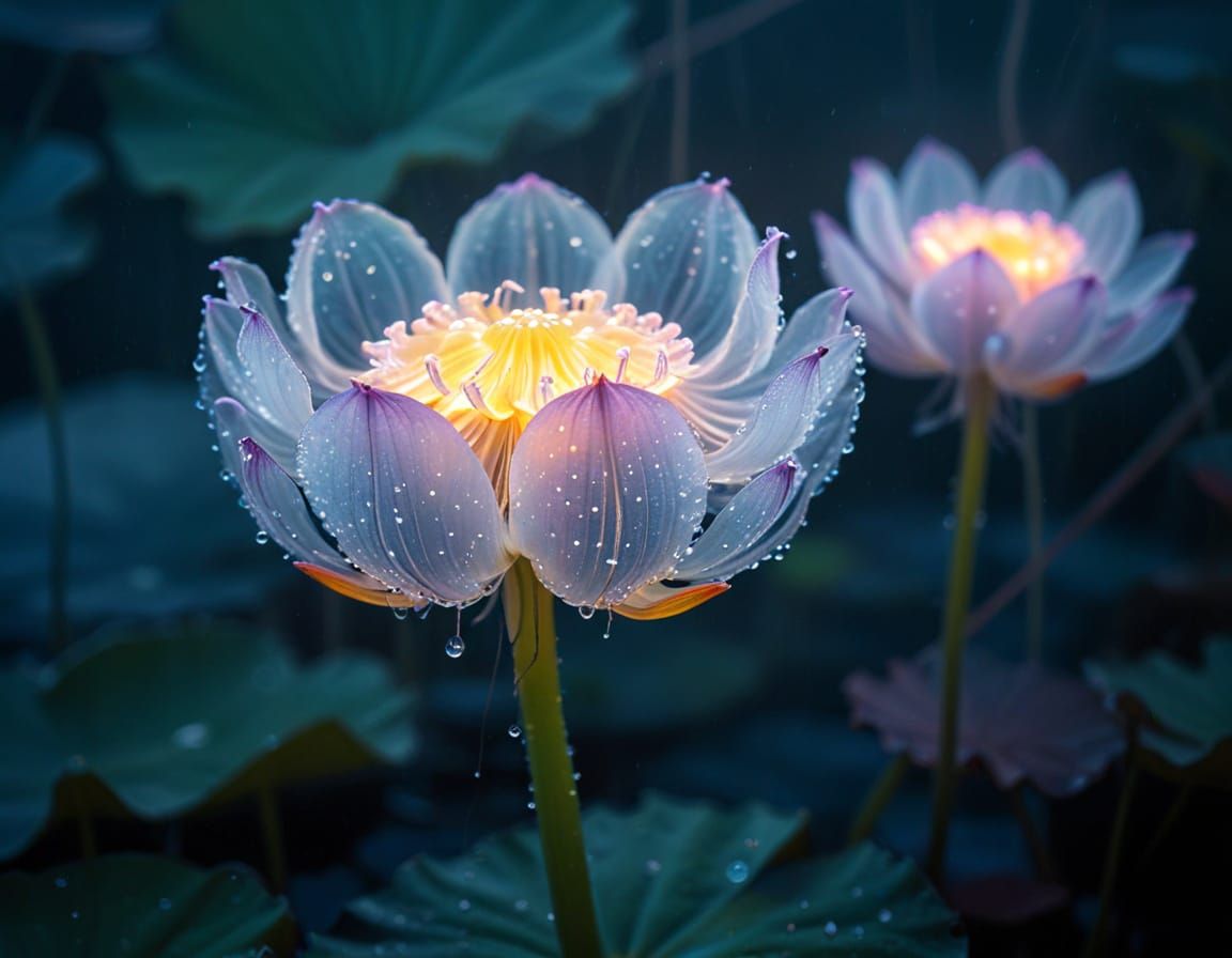 Glowing Lotus-Jellyfish Hybrid Microscopic Close-Up