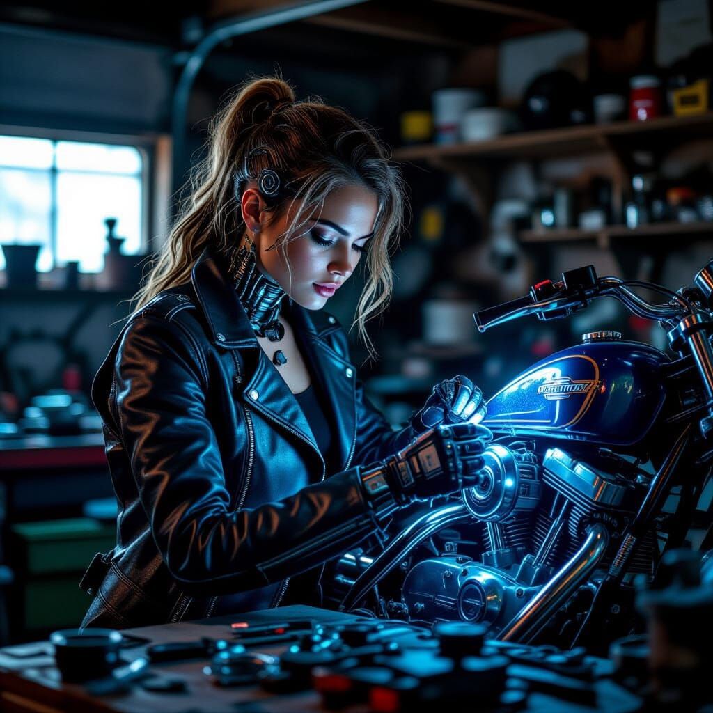 Cyborg Mechanic Repairs Motorcycle in Annie Leibovitz Style