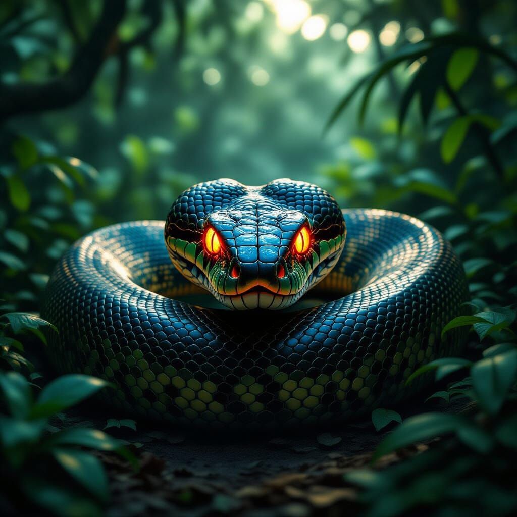 Massive Anaconda with Glowing Red Eyes in Jungle