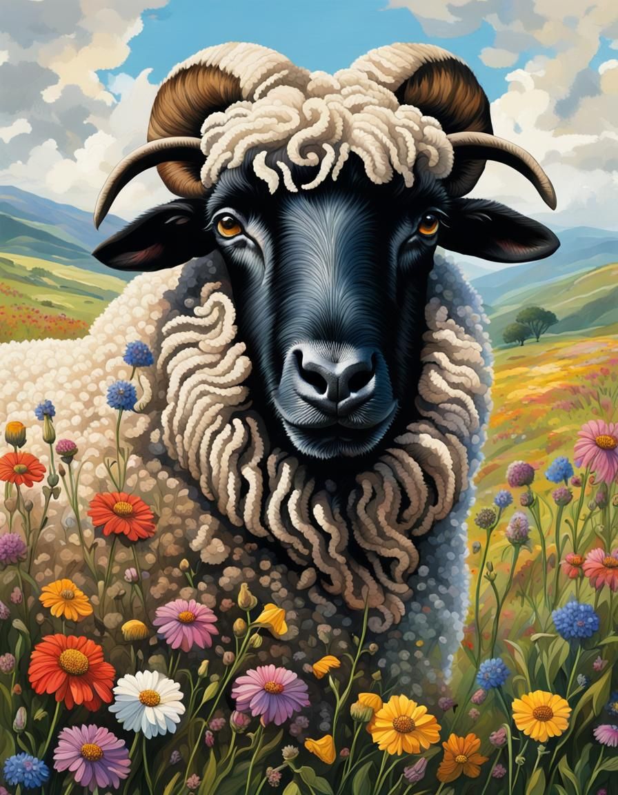 Scottish Blackface Sheep Portrait in Hyperrealistic Style