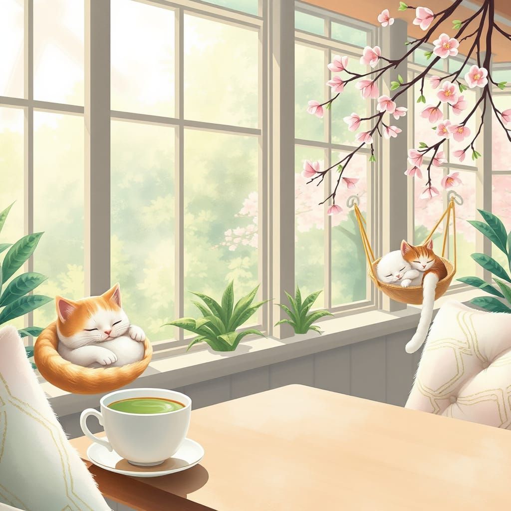 Whimsical Cat Café in Soft Pastel Hues with Lazy Felines