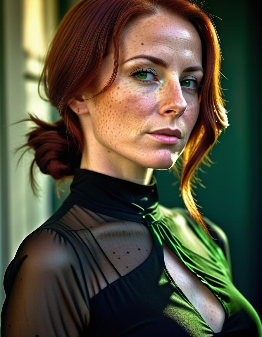 Portrait of Auburn-Haired Woman with Green Hair Tie