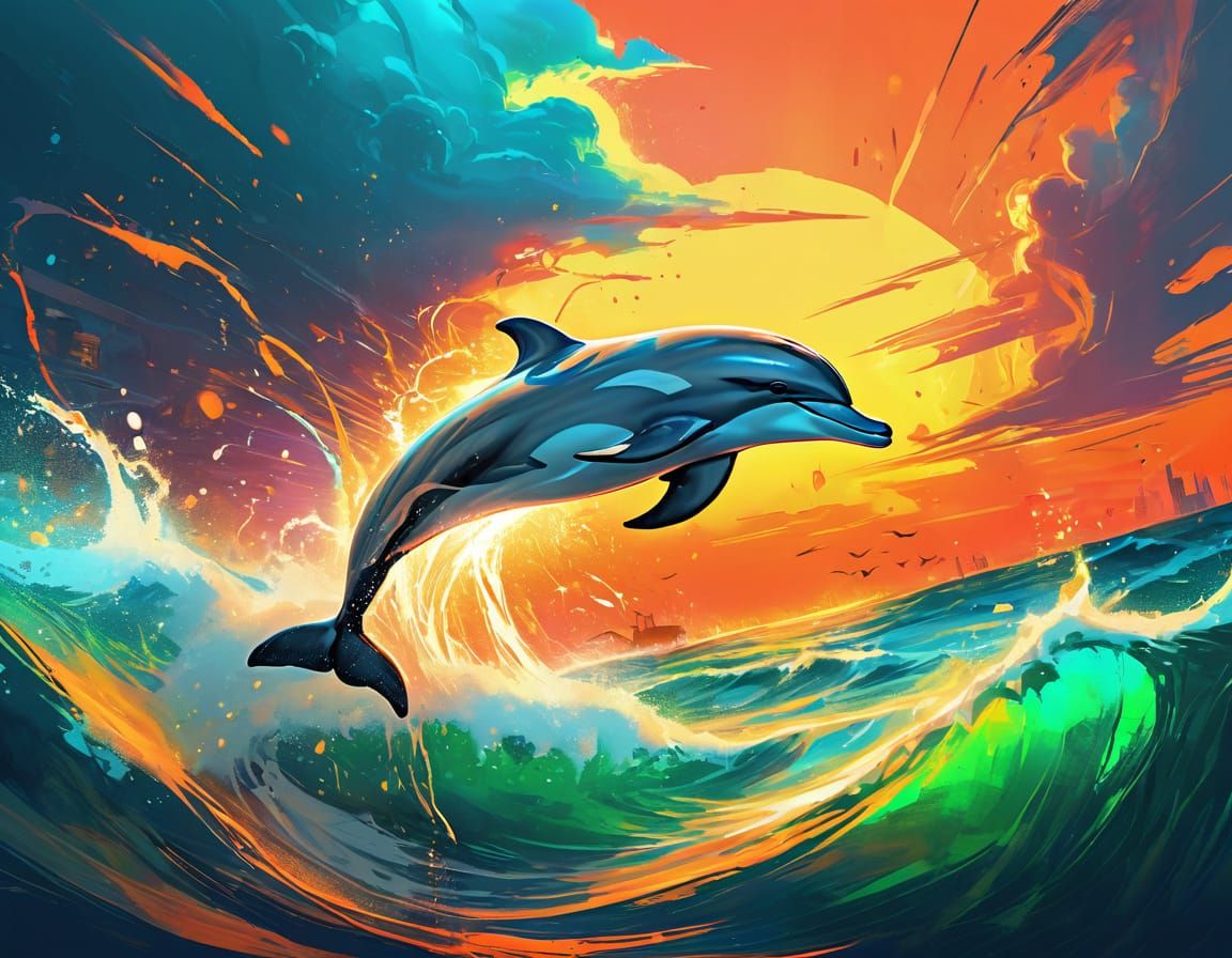 Neon Dolphin Leaps in Surreal Sunset, Comic Book Art