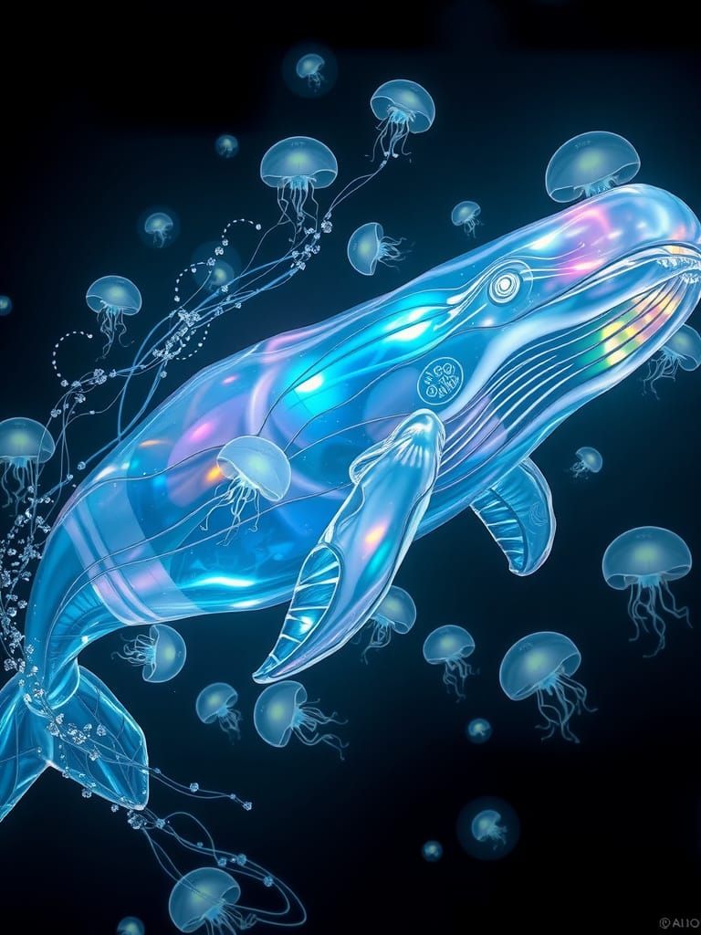 Glowing Glass Whale Dives with Jellyfish in Ocean Depths