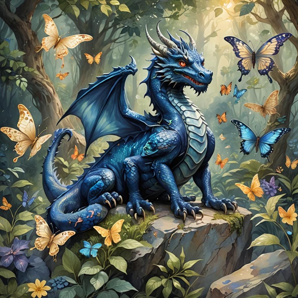 Navy Dragon with Butterflies in Watercolor Forest