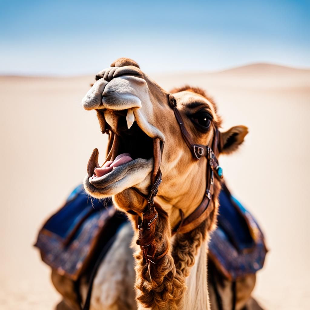 Laughing Camel Portrait in Desert Landscape