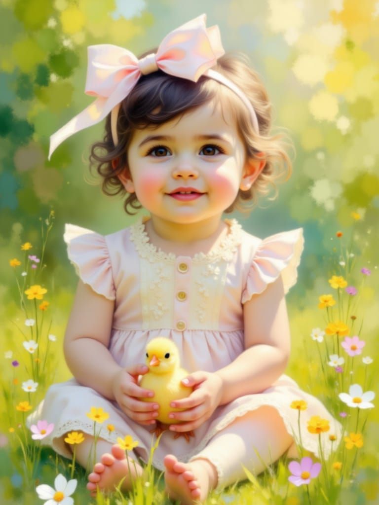 Toddler Girl Holds Baby Chick in Impressionist Garden