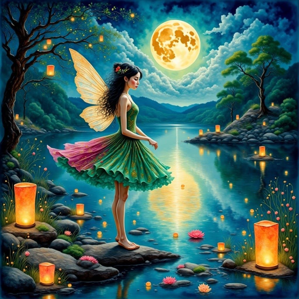 Chinese Fairy by Lake with Lanterns in Watercolor Style