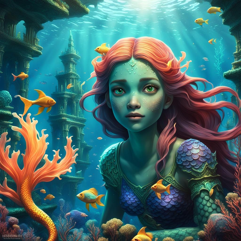 Mermaid in Underwater Atlantis Ruins: 3D Digital Art