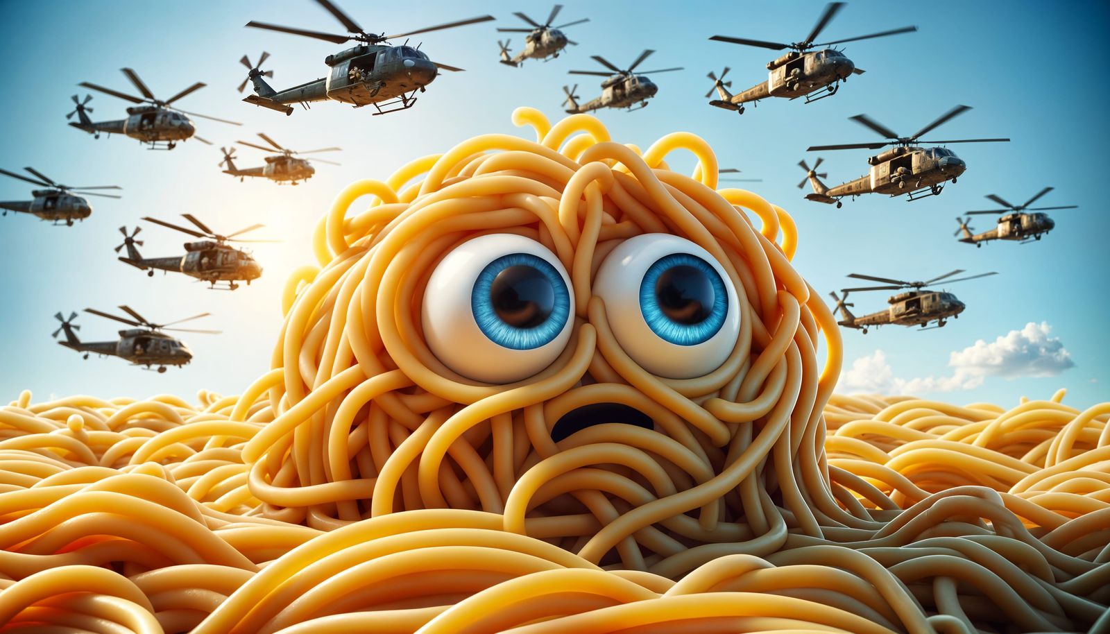 Charming Spaghetti Monster Nervously Floats in Sunny Sky