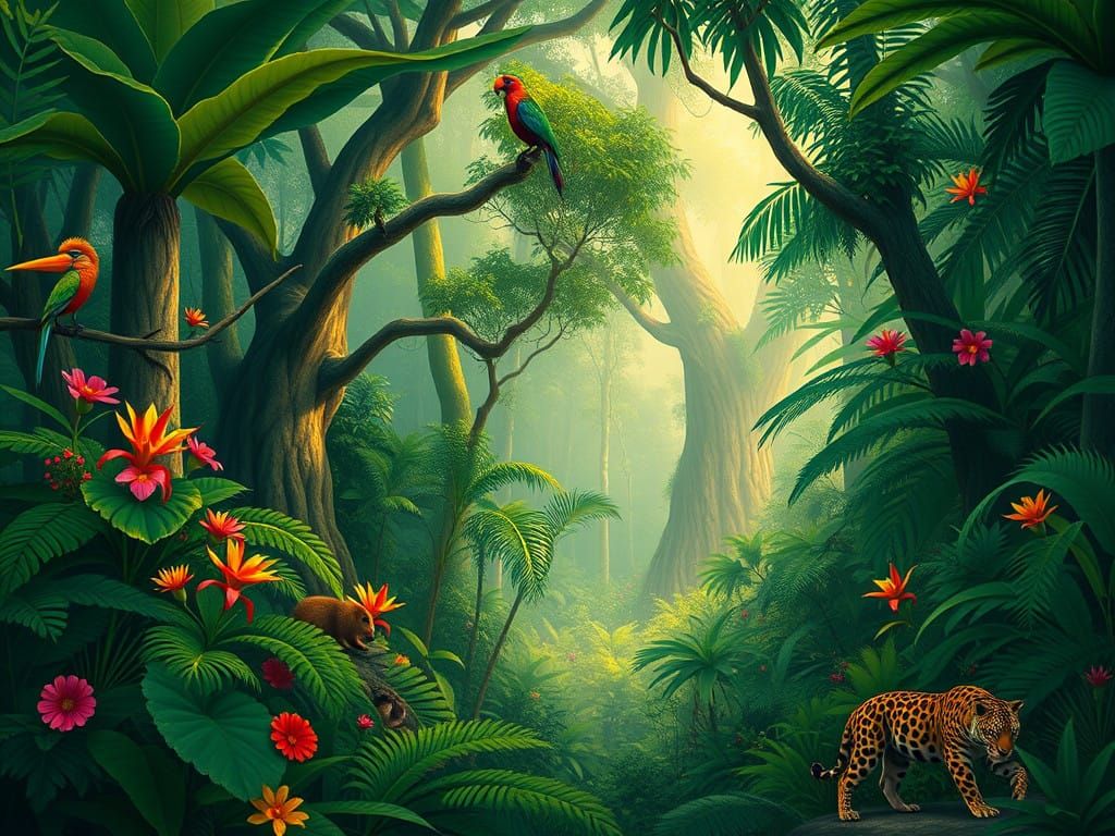 Dreamlike Tropical Paradise with Vast Green Canopies and Vib...