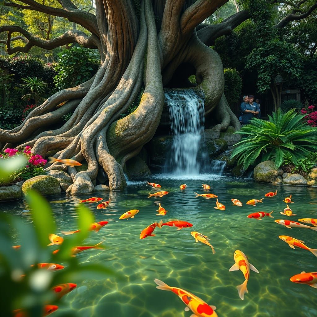 Paradisiacal Garden Waterfall with Koi Fish