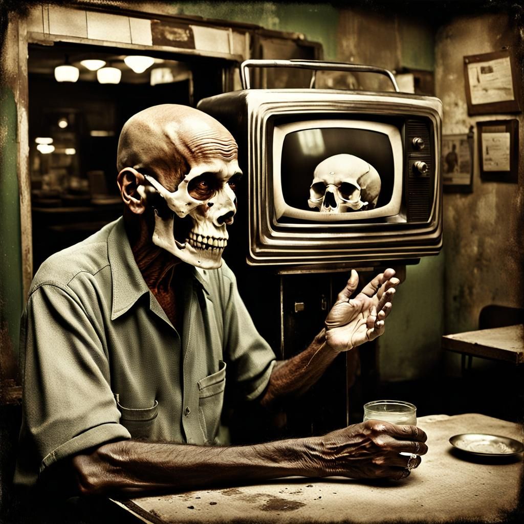 Vintage Photo of Man and Skull on Television
