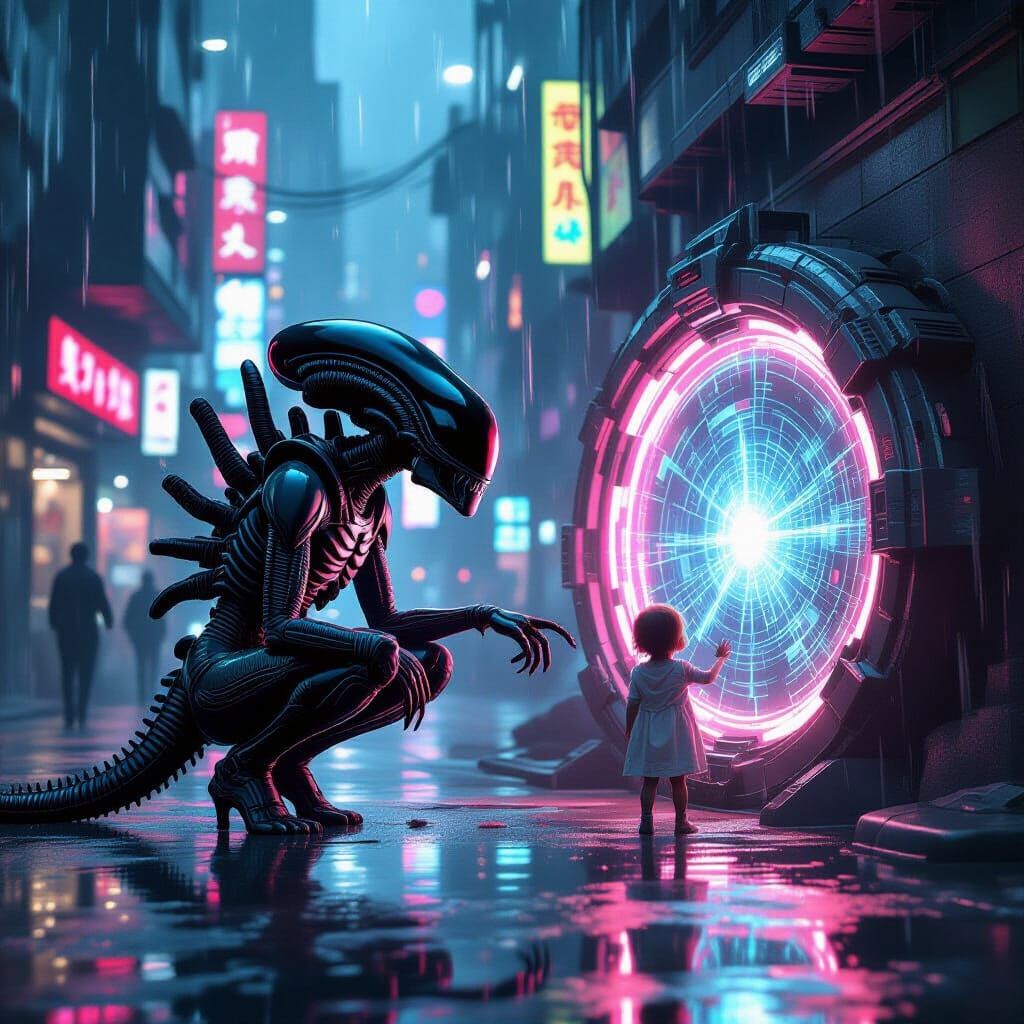 Xenomorph Guides Holographic Child in Neon City