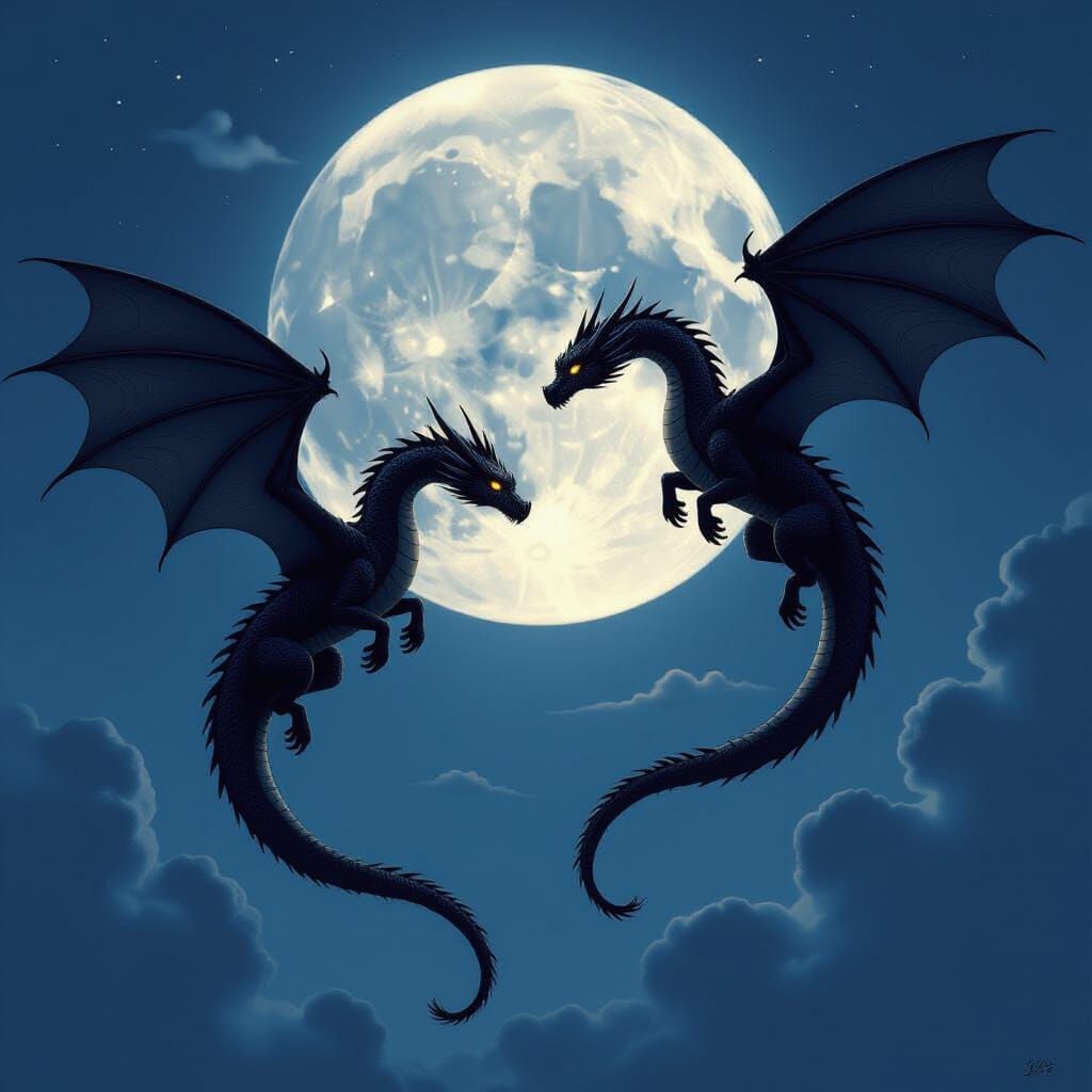 Black Dragons Flying in Moonlight: Photorealistic Digital Ar...