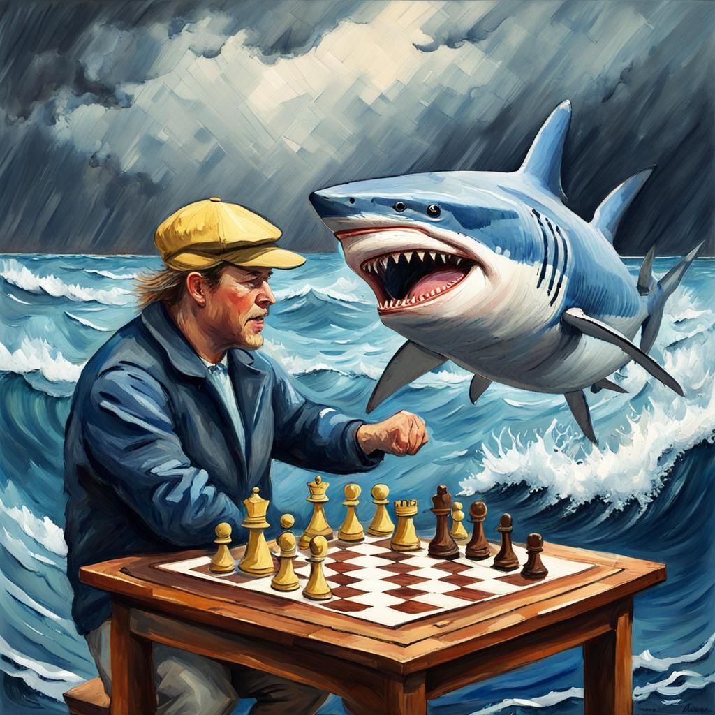 Tuna and Shark Chess Game in Gouache Style