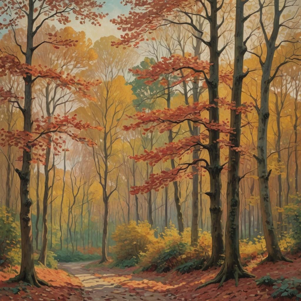 Coral Autumn Forest in Impressionist Style