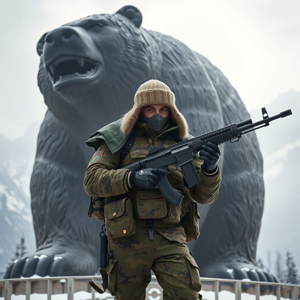 Russian Soldier Stands Before Ancient Bear Statue in Futuris...