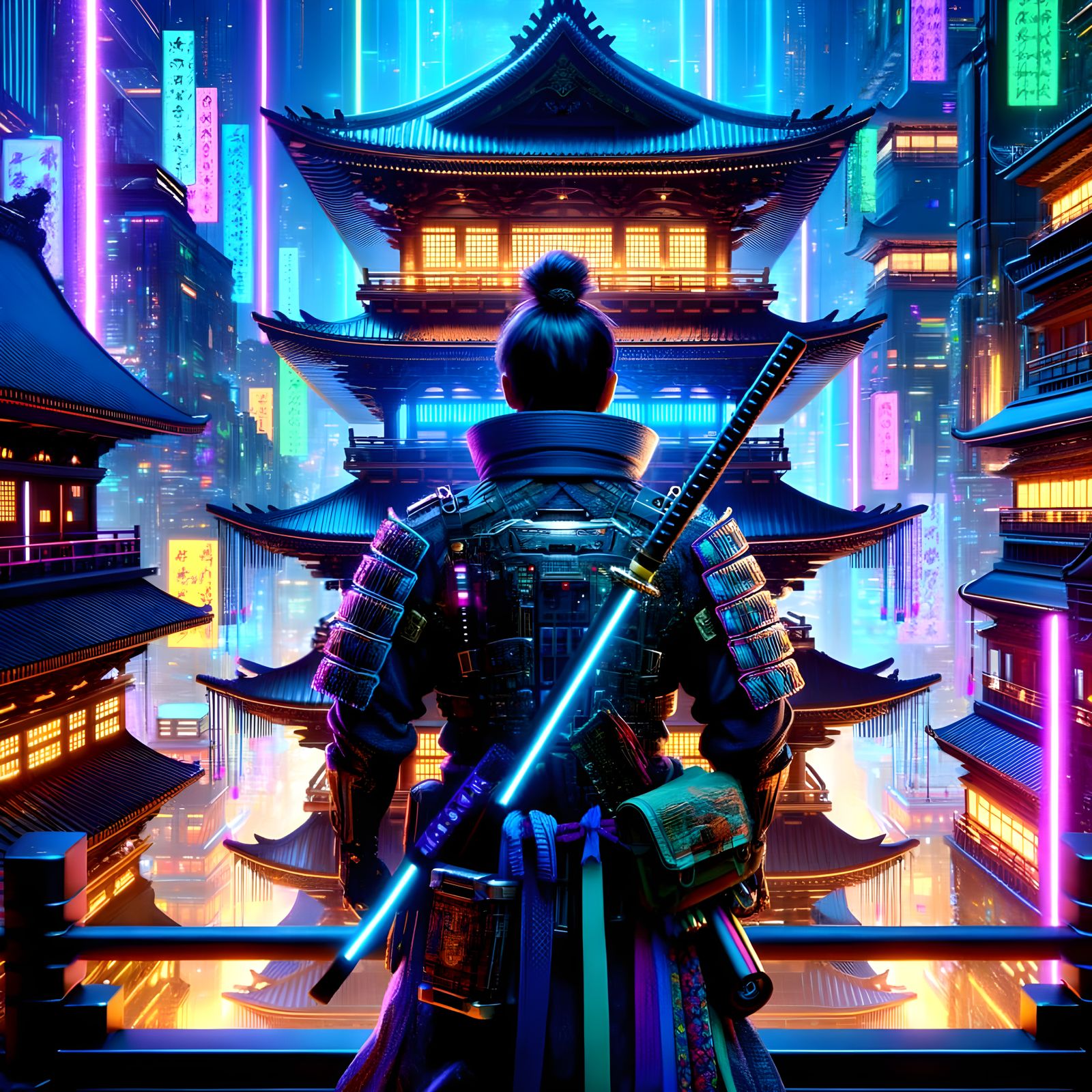 A cyberpunk samurai stands guard before a neon-lit temple in...