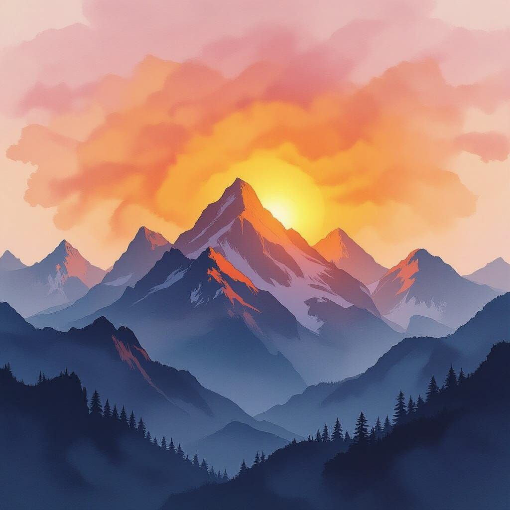 Glowing Mountain Sunrise in Impressionist Style